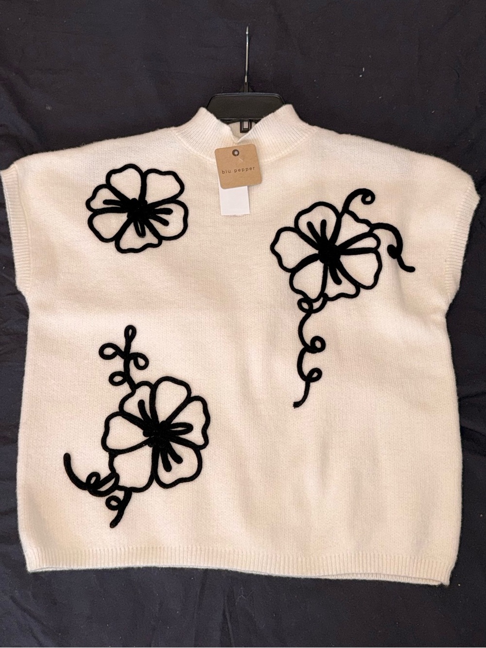 Blu Pepper Cream Knit Sweater with Black Floral Applique